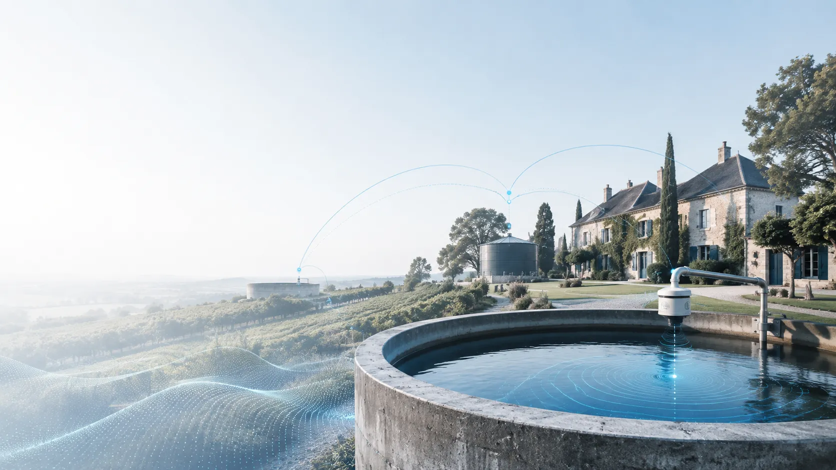 Remote water tank monitoring setup with WellSenseOS in the countryside